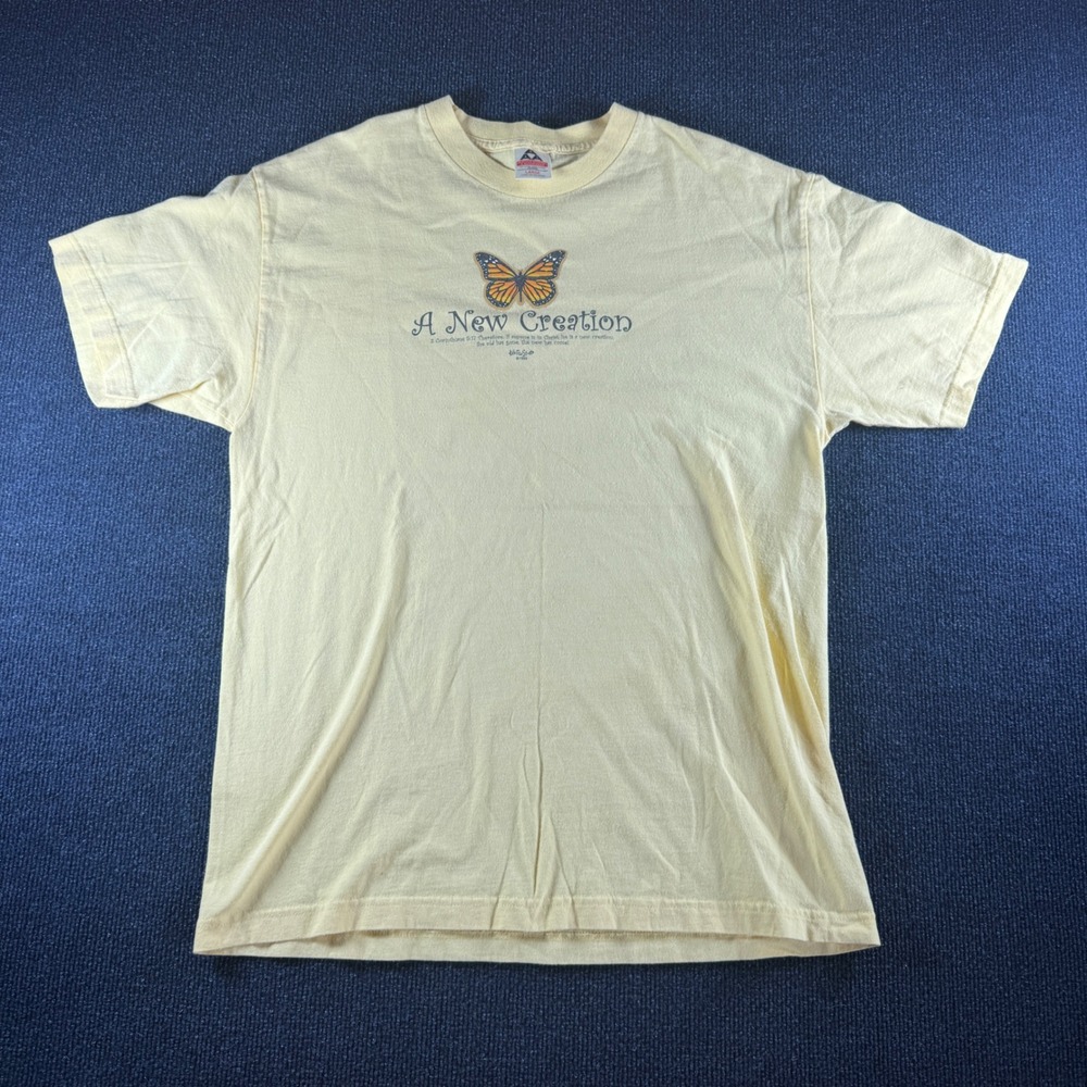 Vintage 1999 Kerusso New Creation Butterfly T-Shirt Cream Mens Large 2 Cor 5:17